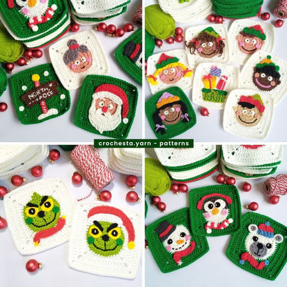 Collection of crocheted Christmas-themed granny squares with various characters on a white background.