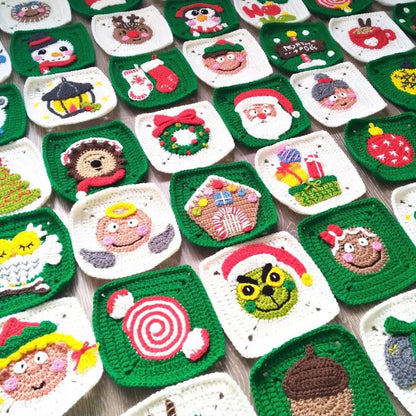 Colorful granny squares made with a crochet Christmas pattern featuring festive designs.