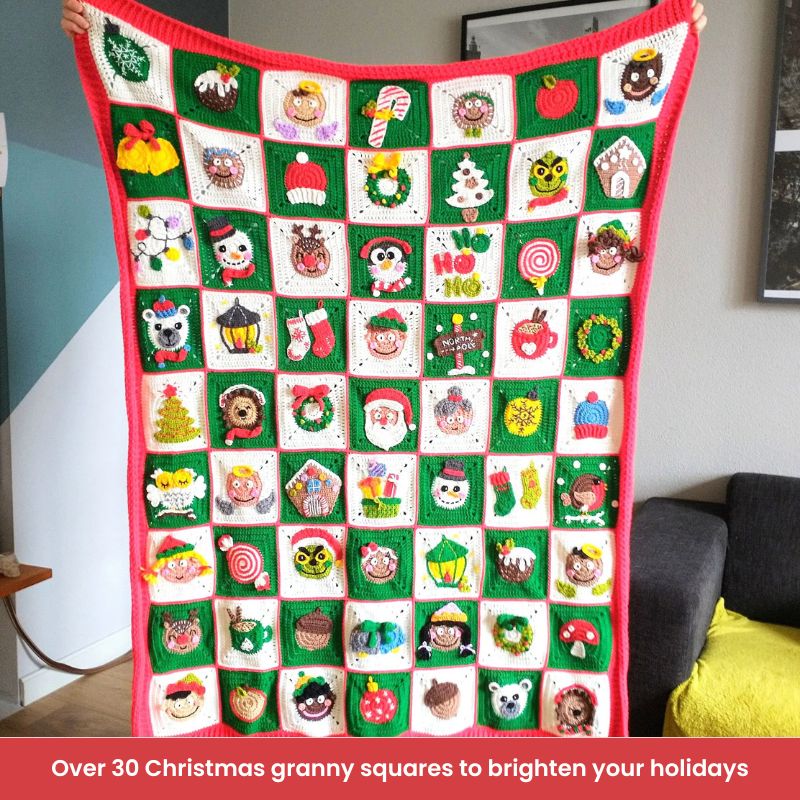 Christmas-themed crochet blanket with various festive designs held up in a room.