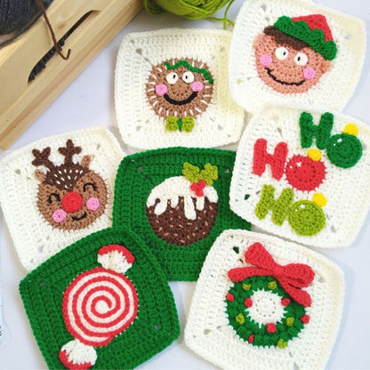 Set of crocheted Christmas-themed granny squares with reindeer, candy, wreath, and pudding designs.