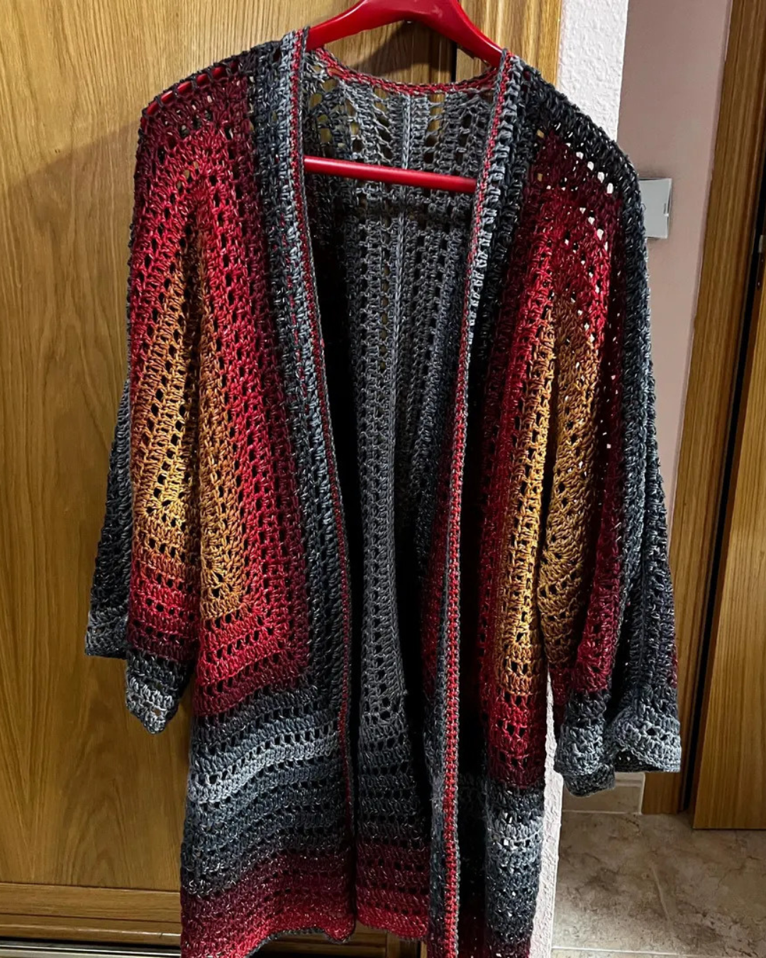 Modern hexagon cardigan crochet pattern with relaxed fit and long sleeves