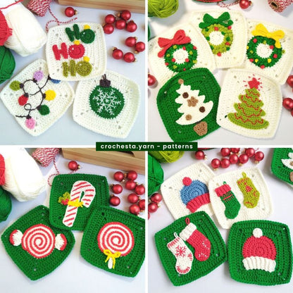 Collection of Christmas-themed crochet granny squares patterns on a white background with yarn and red berries.