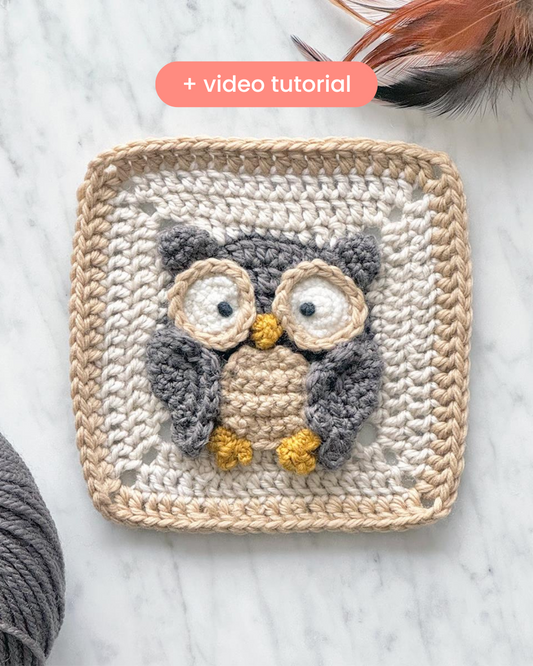 A crochet pattern for an owl granny square, showing an owl face with details made in gray and black yarn on a beige background.